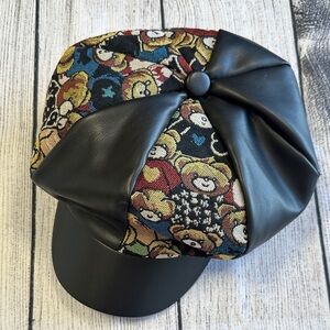 Teddy Bears and Tapestry on Stylish Vegan Leather Retro Cap • NWOT!